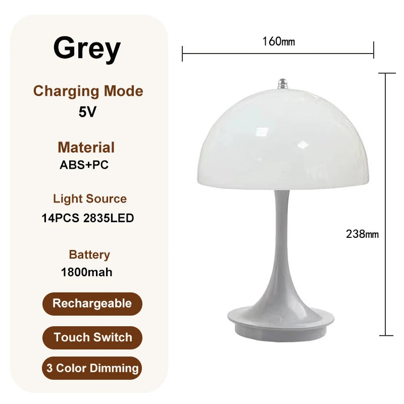 Modern Nordic Danish Mushroom Table Lamp – Rechargeable Energy-Saving LED Decor for Bedroom and Living Room