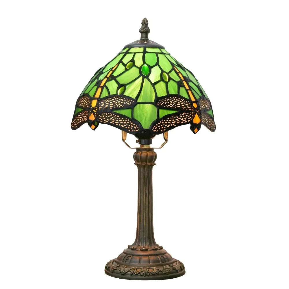 Stained Glass Tiffany Style Table Lamp – Antique Green Reading Light for Bedroom, Living Room, and Office Decor