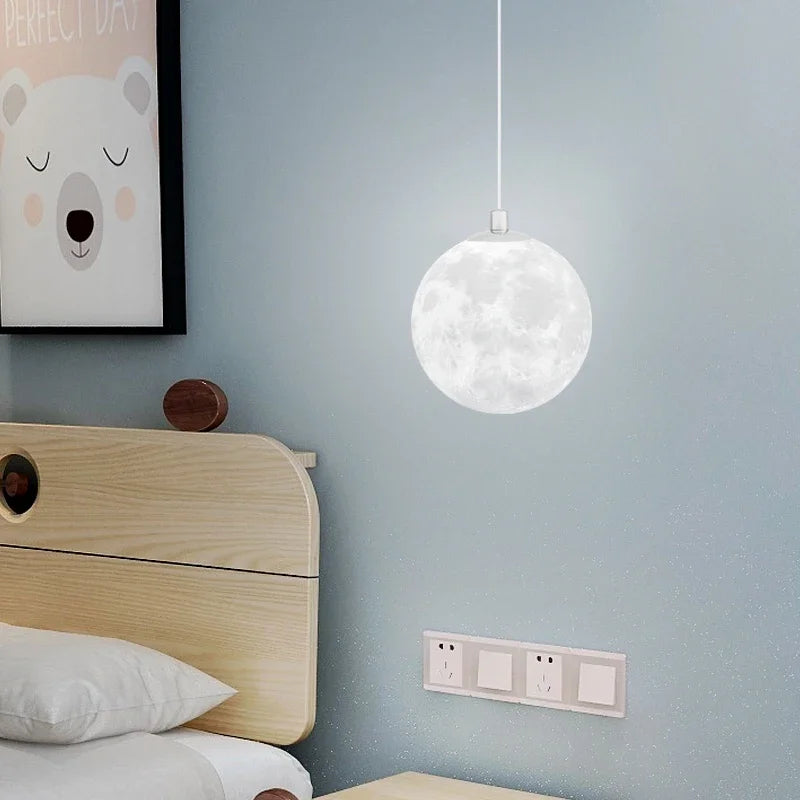 Nordic LED Moon Pendant Chandelier – Modern 3D Moon Globe Light for Dining Room, Kitchen, Bedroom & Bar