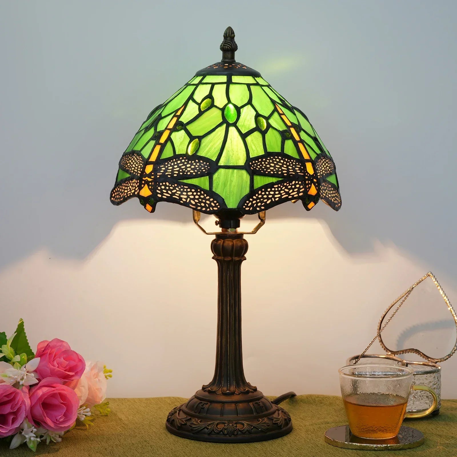 Stained Glass Tiffany Style Table Lamp – Antique Green Reading Light for Bedroom, Living Room, and Office Decor