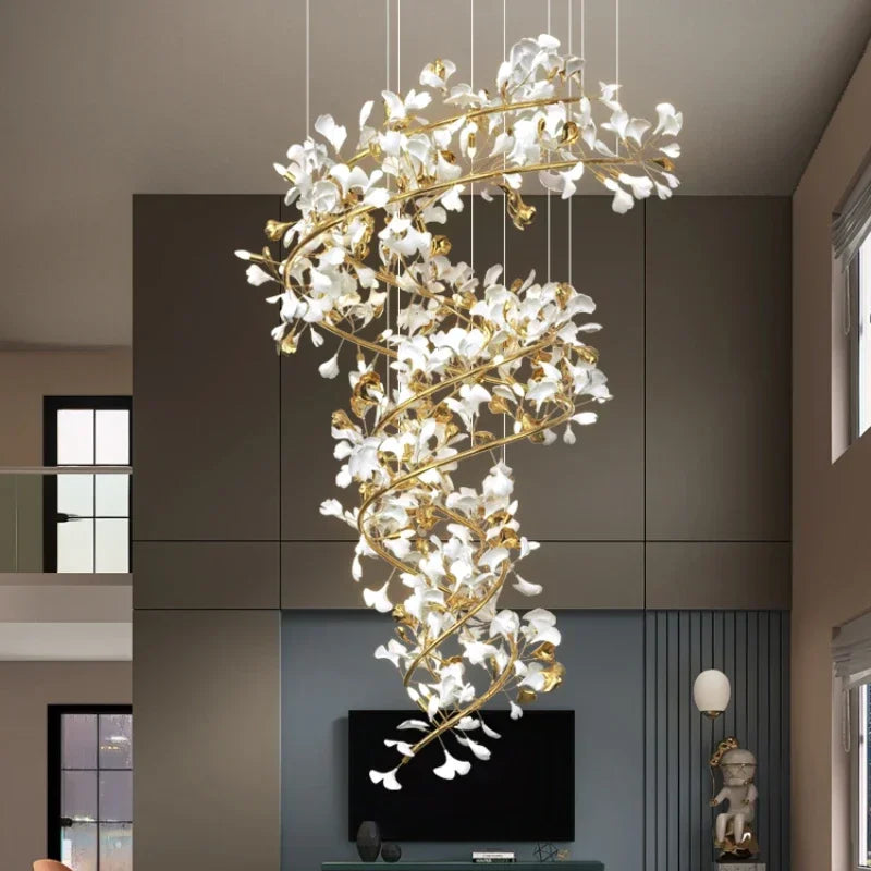 Modern Luxury Loft Ginkgo Leaf Chandelier – Artistic Large Pendant Light for Duplex Staircase, Villa & Hotel Lobby