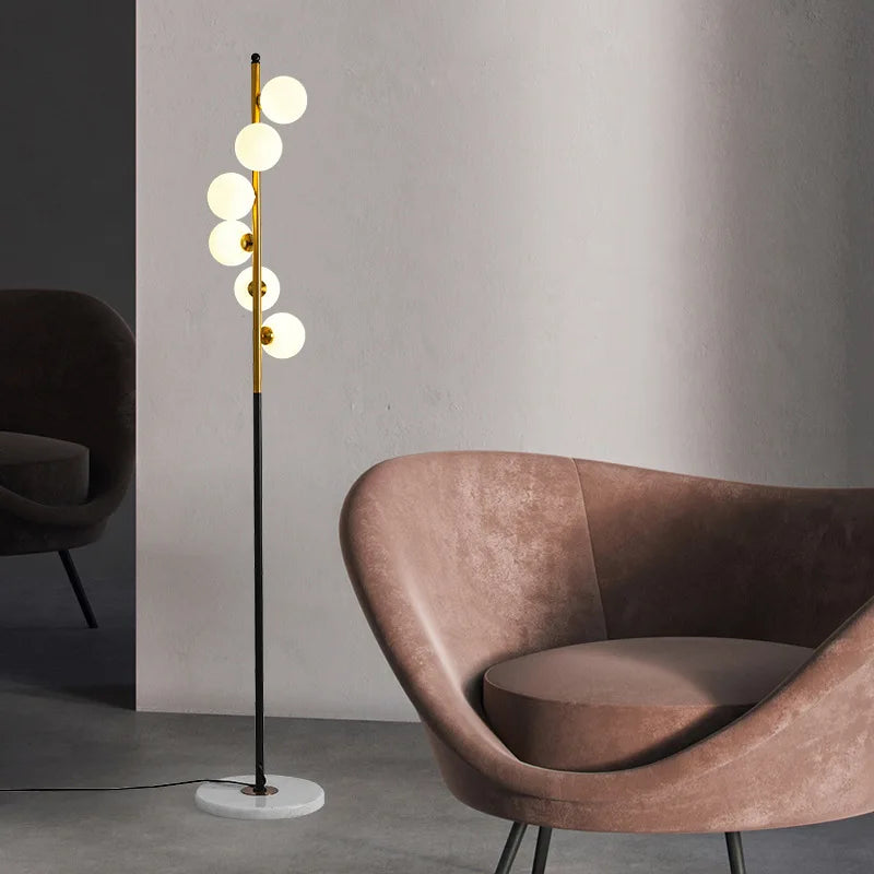 Modern LED Floor Lamp – Two-Color Iron and Glass Ball Standing Light with Marble Base for Living Room, Bedroom, and Study