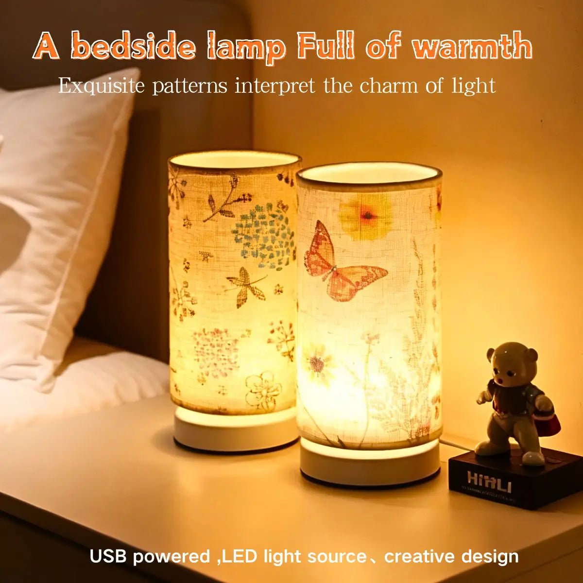 Nordic Retro-Style Table Lamp – Fabric Lampshade USB-Powered Light for Bedroom, Study & Home Décor