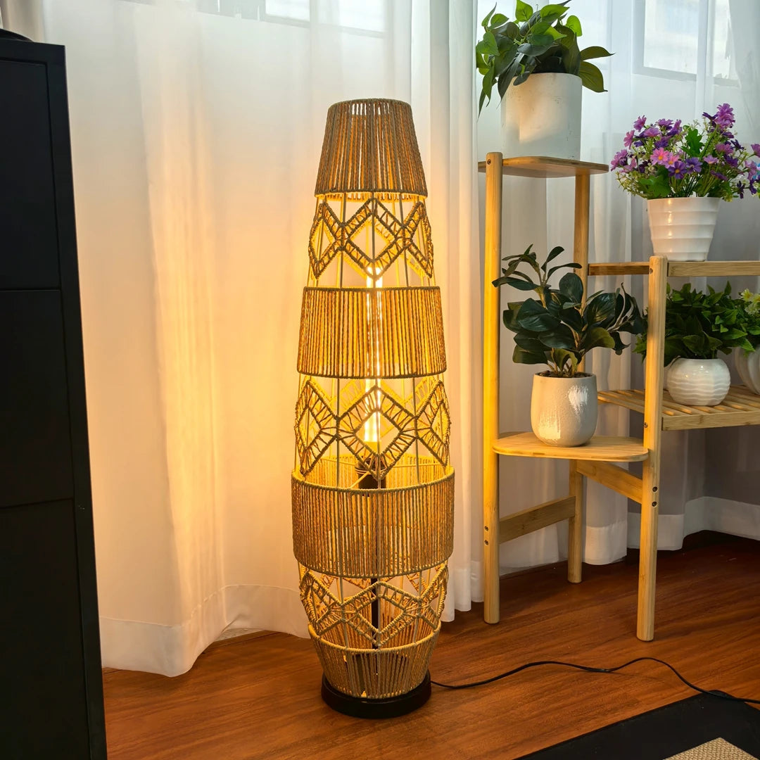 Boho Rattan Hand-Woven Floor Lamp – LED Light Bar Corner Reading Lamp for Living Room and Bedroom