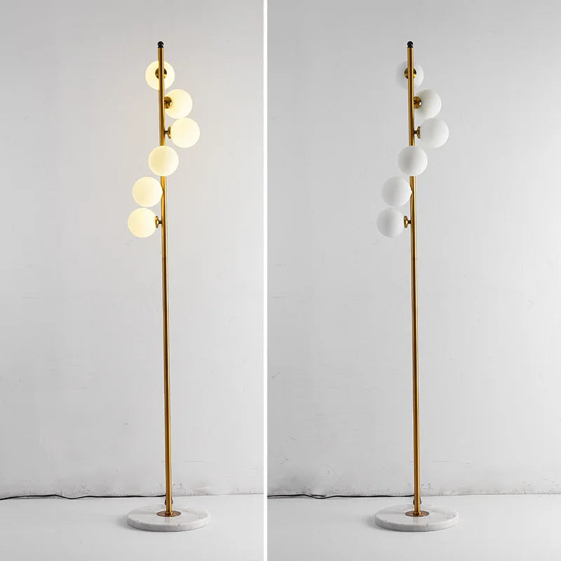 Modern LED Floor Lamp – Two-Color Iron and Glass Ball Standing Light with Marble Base for Living Room, Bedroom, and Study
