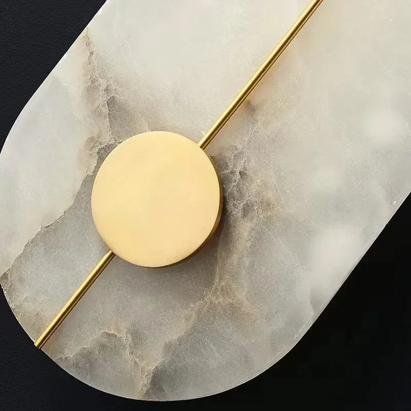 Modern Alabaster Moon LED Wall Lamp – Creative Marble Round Sconce with Gold Copper Accent for Bedroom and Living Room Décor