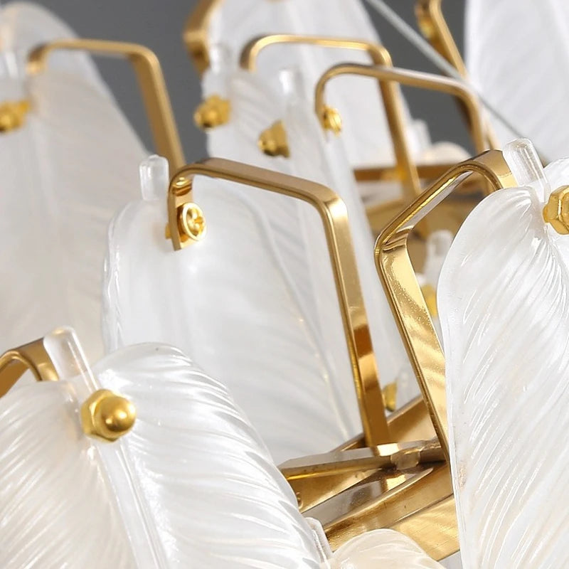 Modern Luxury Feather Glass Chandelier – Gold Round Decorative Lighting for Living Room, Bedroom & Dining Area