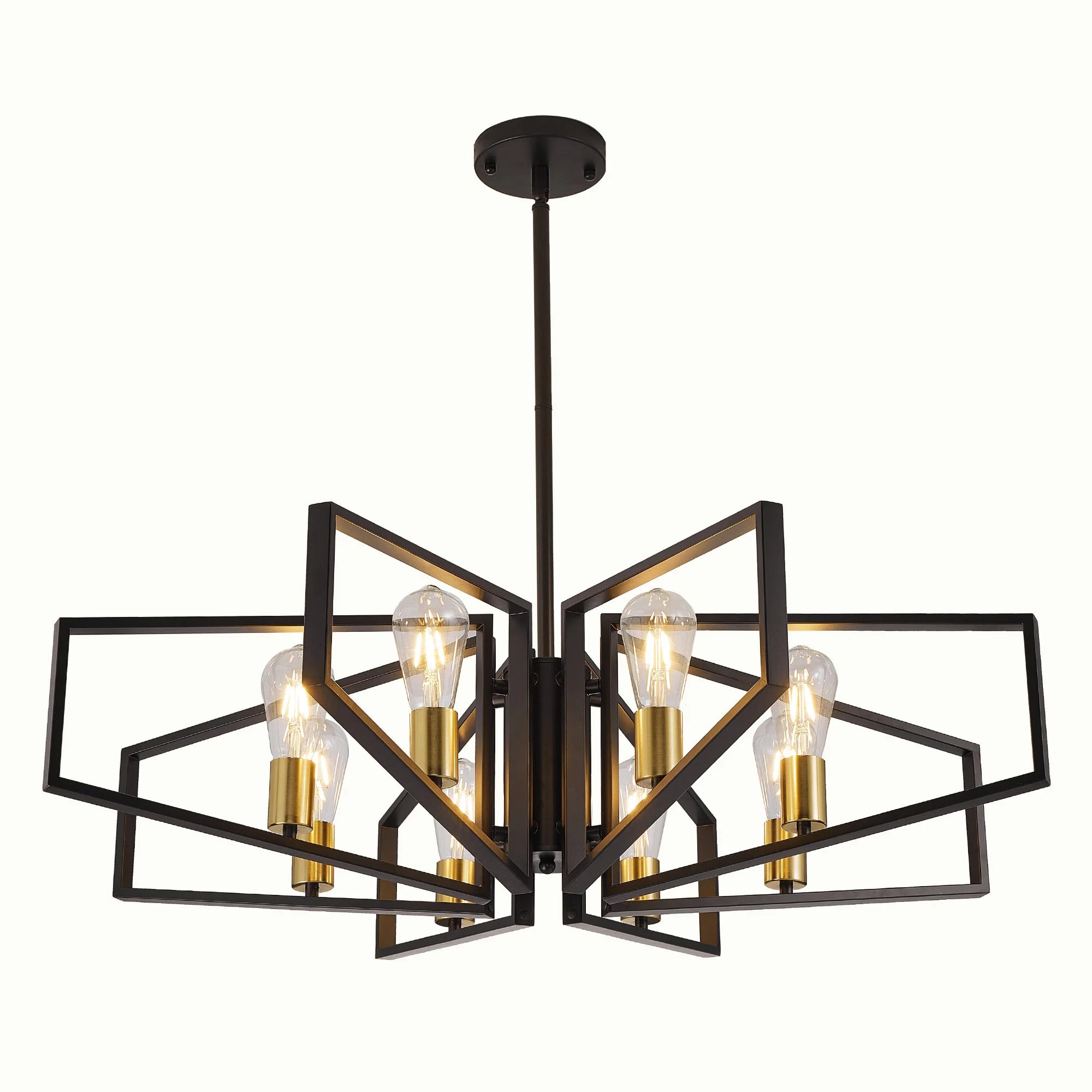 Modern 8-Light Geometric Chandelier – Adjustable Height Metal Pendant Light, Black Frame, Golden Accents
