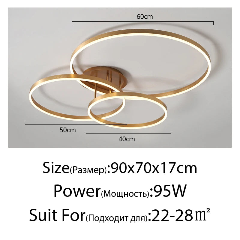 Household Gold LED Chandeliers – Modern 3-Circle Metal Ceiling Light for Living Room, Bedroom & Dining Room