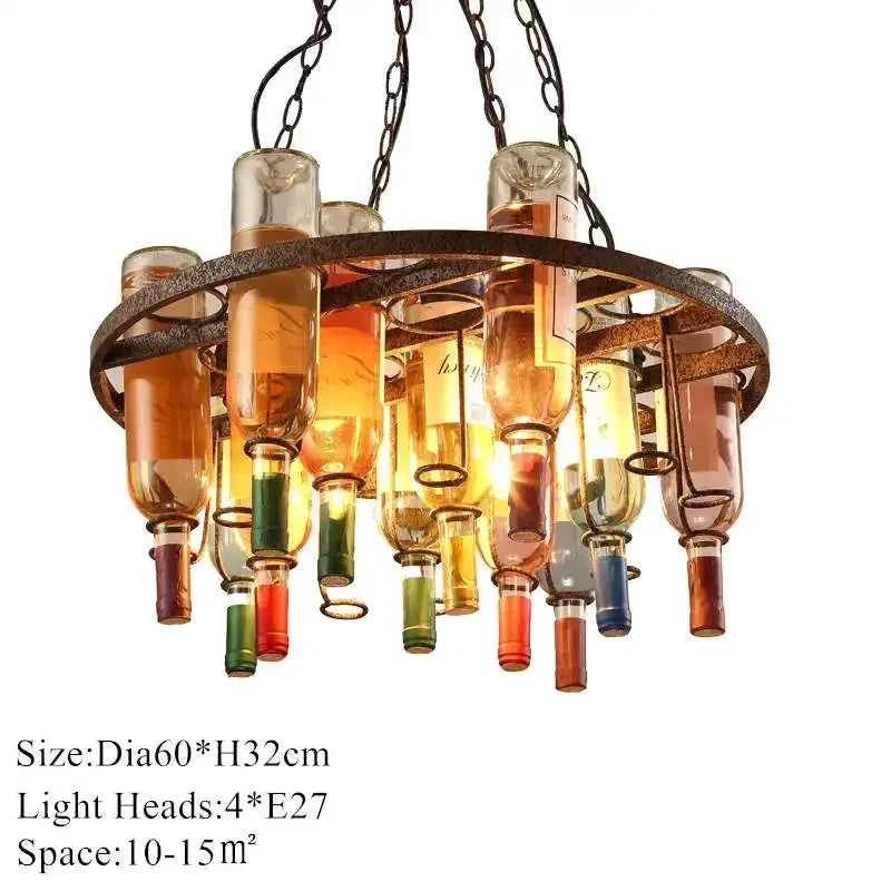 American Retro Industrial Rust Metal Chandelier – Vintage Wine Bottle Glass Pendant Light for Bars, Cafés, and Restaurants