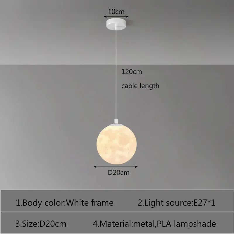 Nordic LED Moon Pendant Chandelier – Modern 3D Moon Globe Light for Dining Room, Kitchen, Bedroom & Bar