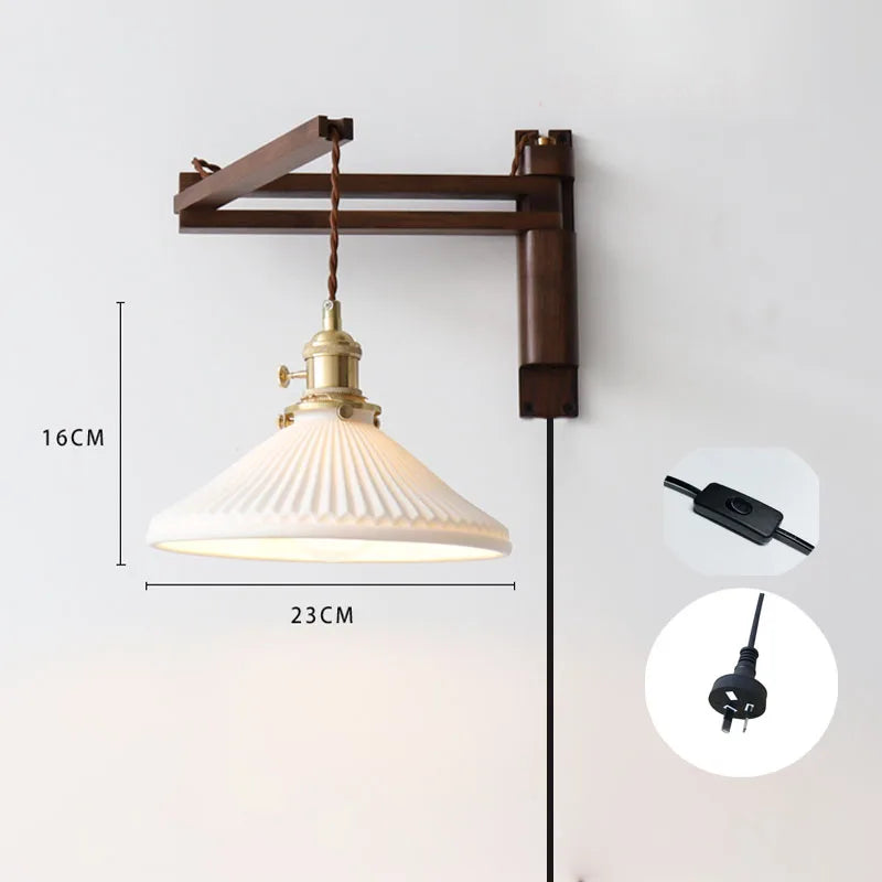 Retro Japanese Folding Walnut Wall Lamp – Ceramic Shade Bedside Sconce for Study, Living Room, and Tea Room Décor
