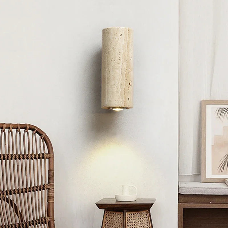 Wabi-Sabi Travertine Wall Lamp – Minimalist Japanese-Style Bedside & Corridor LED Sconce