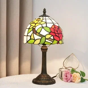 Stained Glass Tiffany Style Table Lamp – Antique Green Reading Light for Bedroom, Living Room, and Office Decor