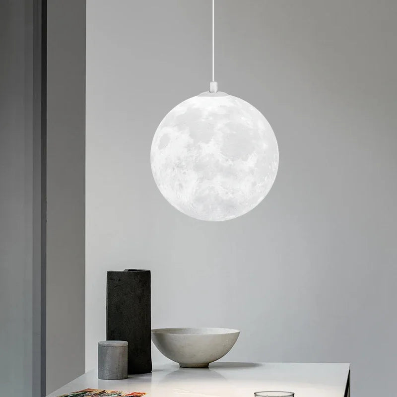Nordic LED Moon Pendant Chandelier – Modern 3D Moon Globe Light for Dining Room, Kitchen, Bedroom & Bar