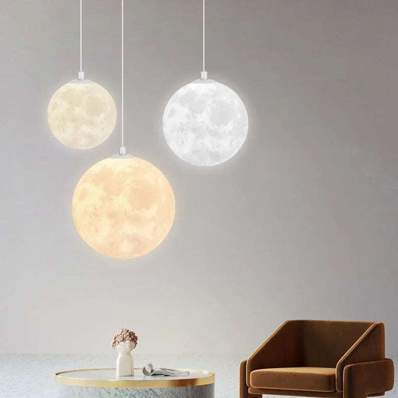 Nordic LED Moon Pendant Chandelier – Modern 3D Moon Globe Light for Dining Room, Kitchen, Bedroom & Bar