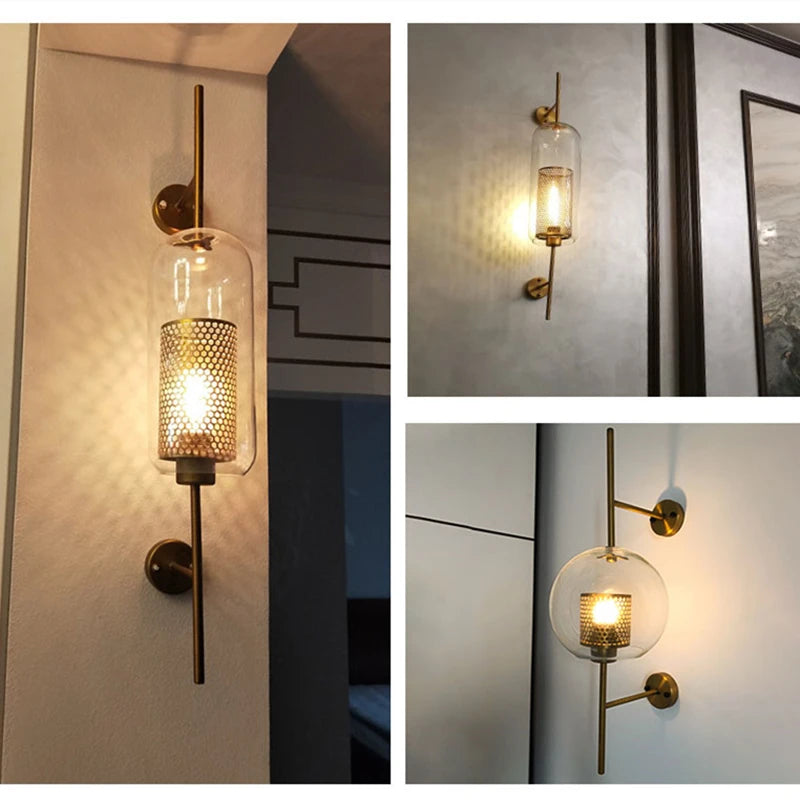 Modern Clear Glass Globe Wall Lamp – Golden Industrial Sconce for Bedside, Living Room, and Home Corridor Décor