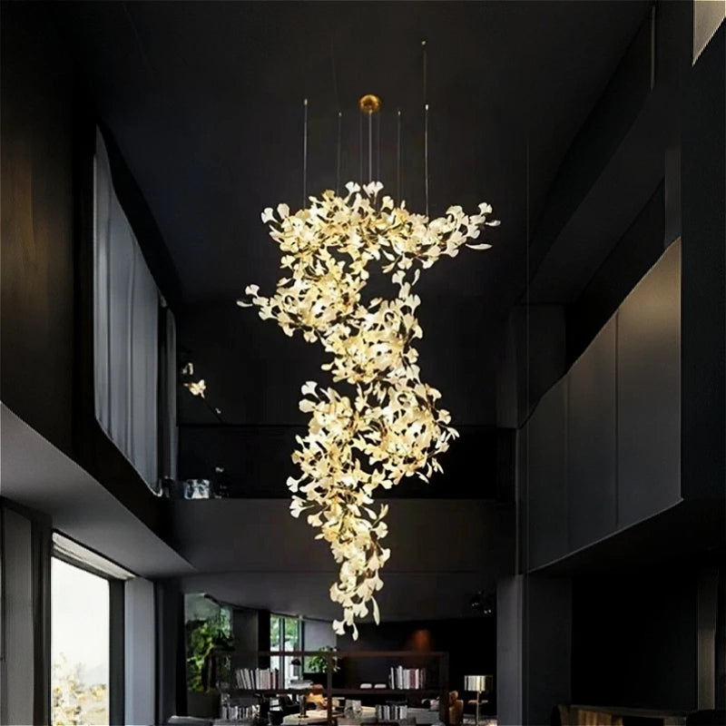 Modern Luxury Loft Ginkgo Leaf Chandelier – Artistic Large Pendant Light for Duplex Staircase, Villa & Hotel Lobby