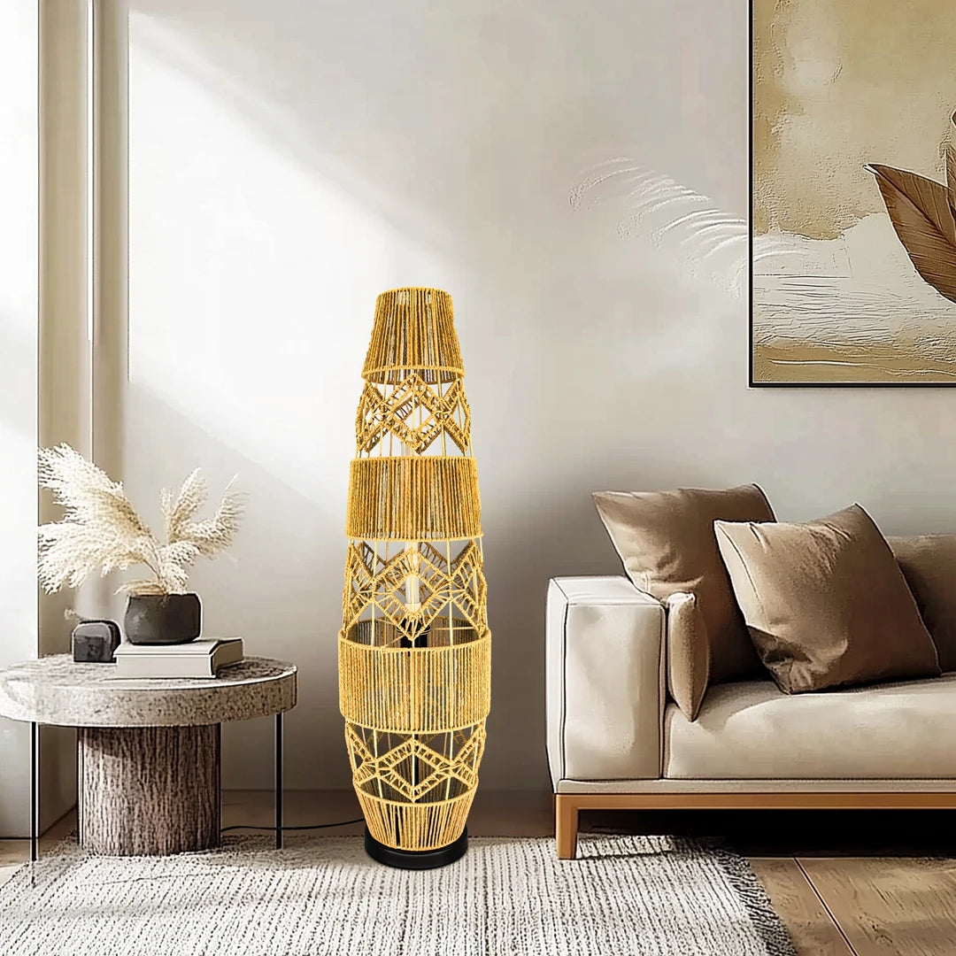 Boho Rattan Hand-Woven Floor Lamp – LED Light Bar Corner Reading Lamp for Living Room and Bedroom