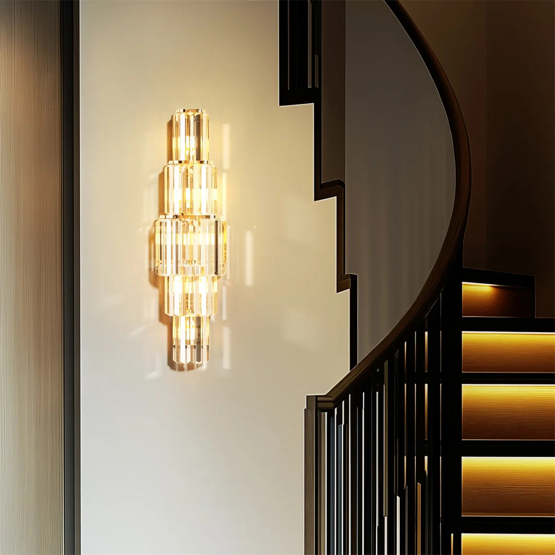 Modern Crystal Layered Wall Sconce – Luxury Gold LED Decorative Light with Multi-Tier Crystal Design for Living Rooms and Hallways