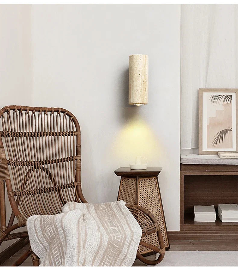 Wabi-Sabi Travertine Wall Lamp – Minimalist Japanese-Style Bedside & Corridor LED Sconce