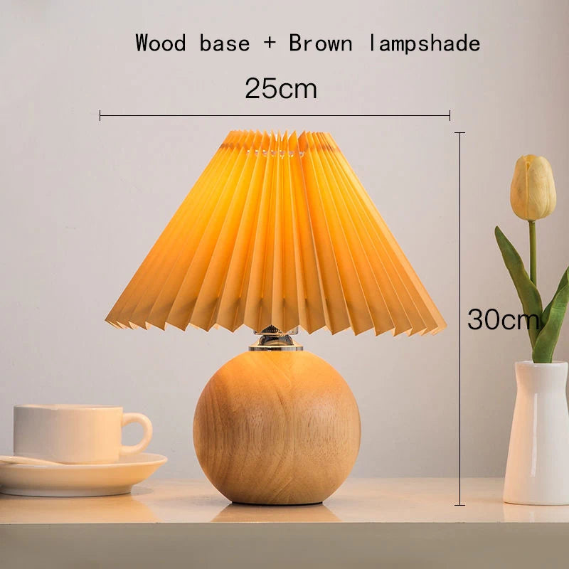 Vintage Pleated Table Lamp – Ceramic Base with LED E27 Tricolor Bulb for Bedroom Decorative Night Lighting