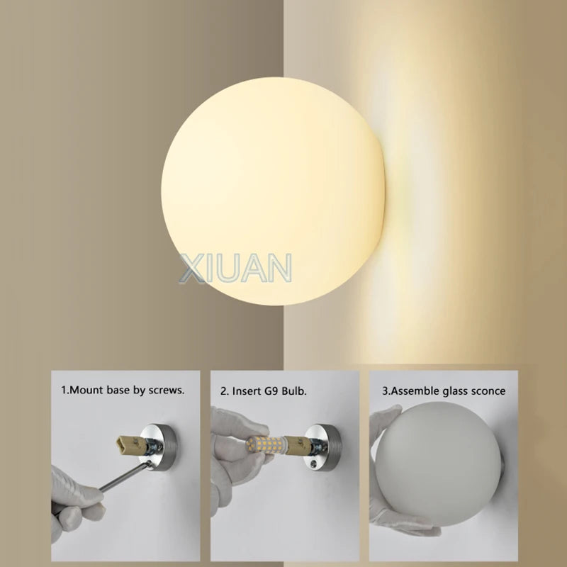 Modern Milky White Glass Wall Lamp – Hidden Base Round G9 LED Sconce for Bedroom, Living Room, and Hallway Décor