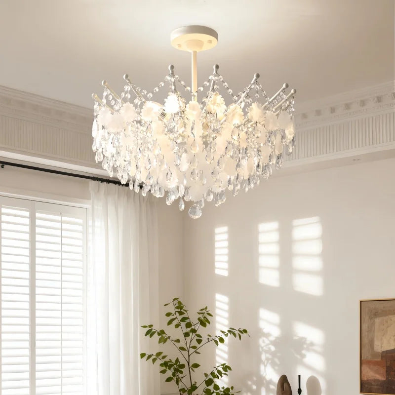 French K9 Crystal Chandelier – Luxury Vintage Blue & White Natural Shell Pendant Light for Romantic Villas, Living Rooms & Bedrooms