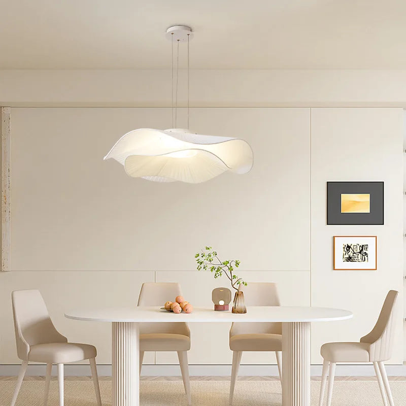 White Fabric LED Chandelier – Minimalist Hanging Lamp for Dining Room, Bedroom & Living Spaces