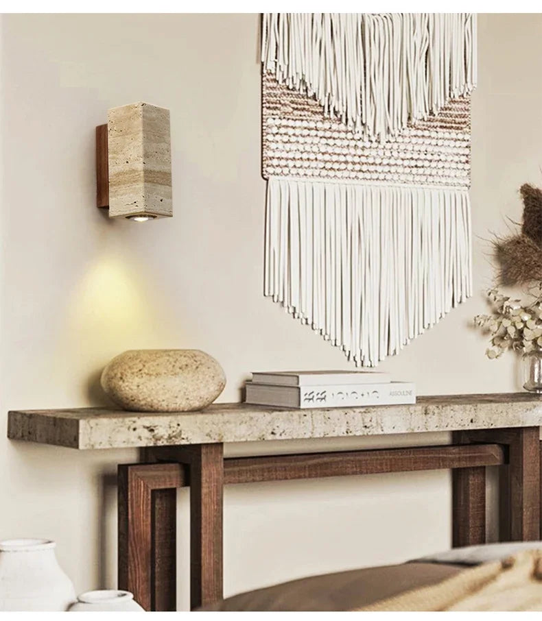 Wabi-Sabi Travertine Wall Lamp – Minimalist Japanese-Style Bedside & Corridor LED Sconce