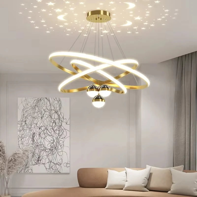 Nordic Starry Sky Projection LED Chandelier – Modern Black & Gold Ceiling Pendant for Living Room, Bedroom, Kitchen