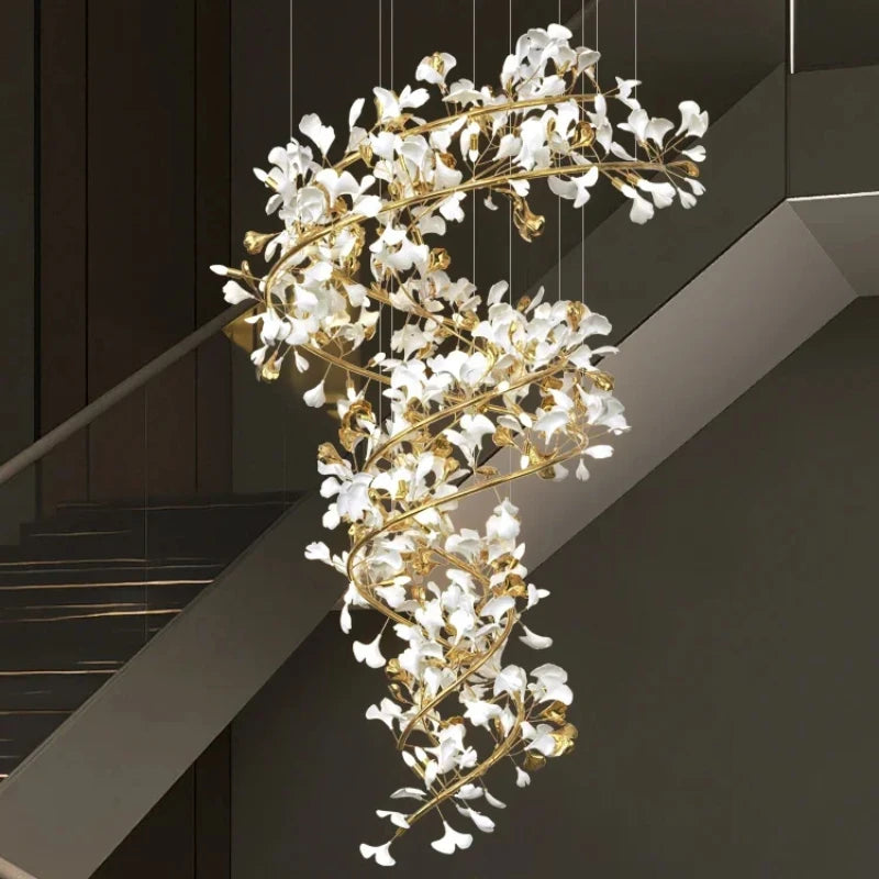 Modern Luxury Loft Ginkgo Leaf Chandelier – Artistic Large Pendant Light for Duplex Staircase, Villa & Hotel Lobby