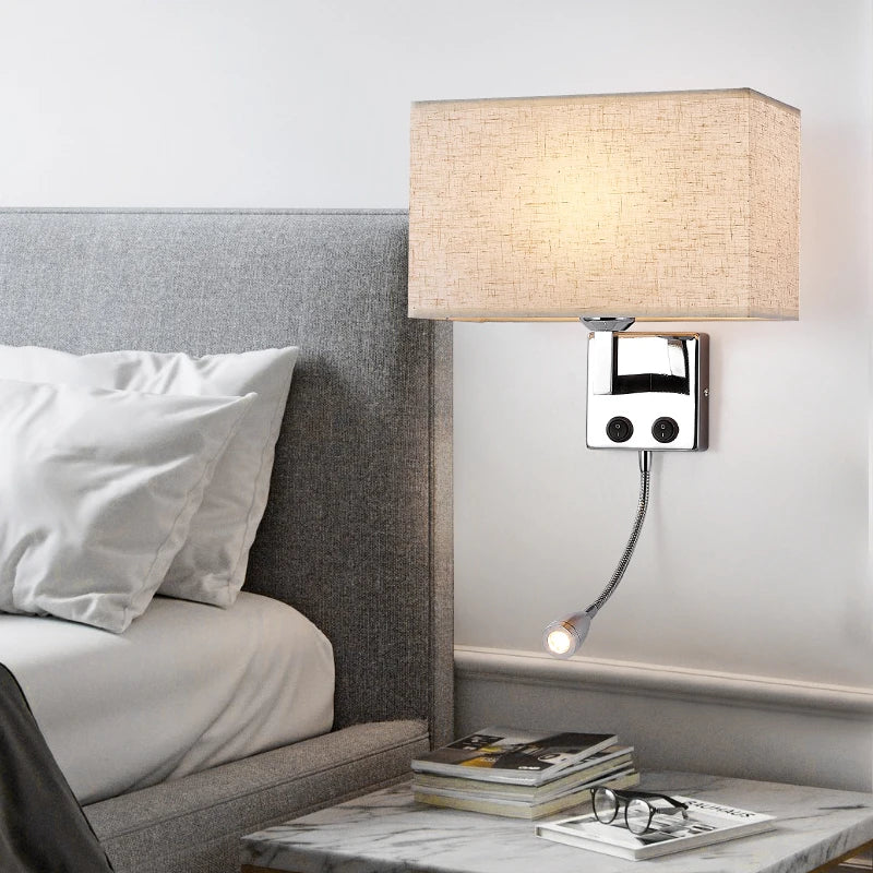 Modern Fabric Wall Lamp with Switch – E27 Bedside Reading Light for Bedroom, Study, and Hotel Interiors