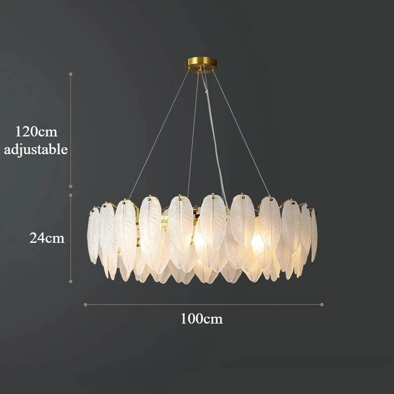 Modern Luxury Feather Glass Chandelier – Gold Round Decorative Lighting for Living Room, Bedroom & Dining Area