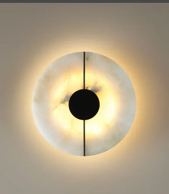 Modern Alabaster Moon LED Wall Lamp – Creative Marble Round Sconce with Gold Copper Accent for Bedroom and Living Room Décor