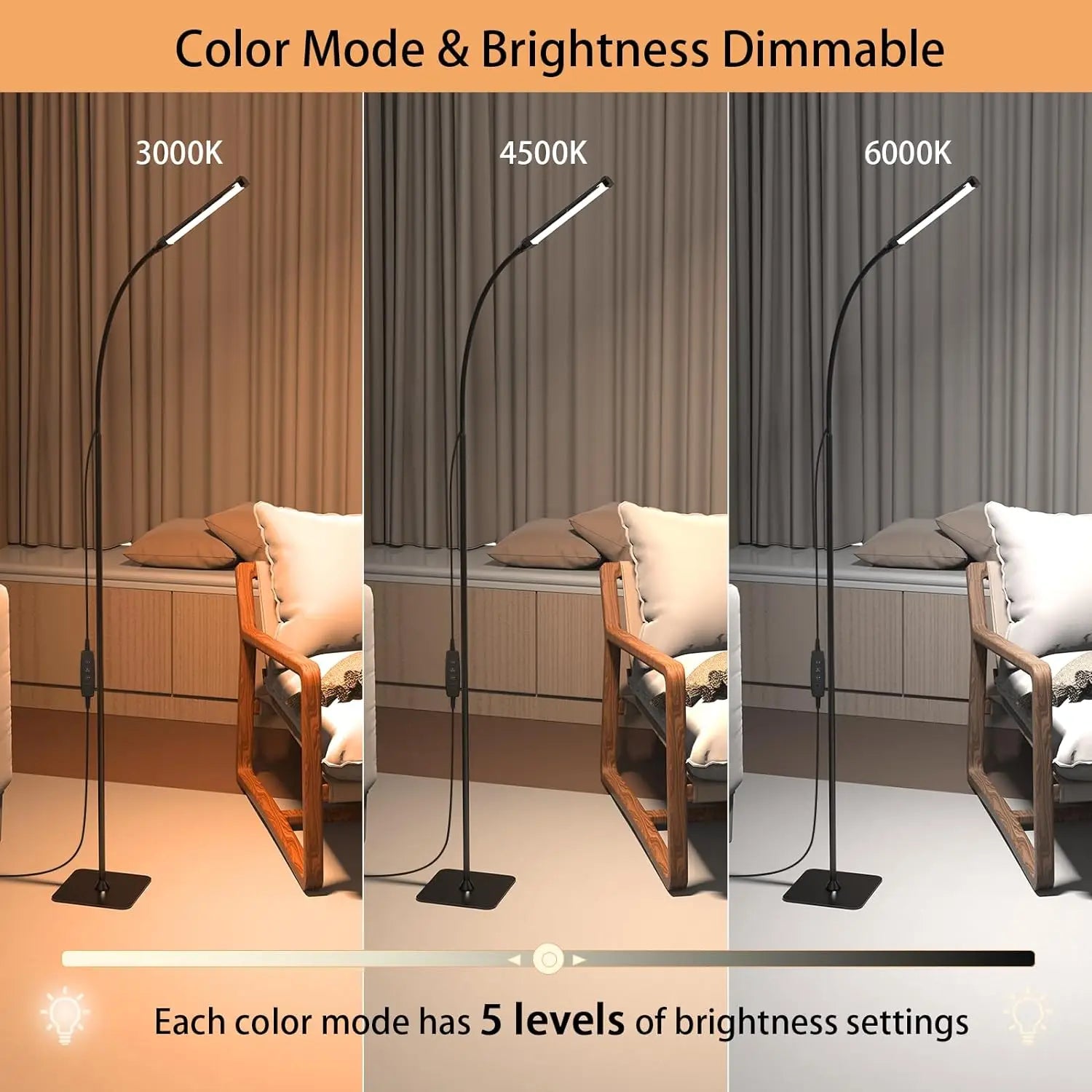 Dimmable LED Gooseneck Floor Lamp – Adjustable 3-Color, 5-Level Standing Light with Remote for Reading and Living Rooms