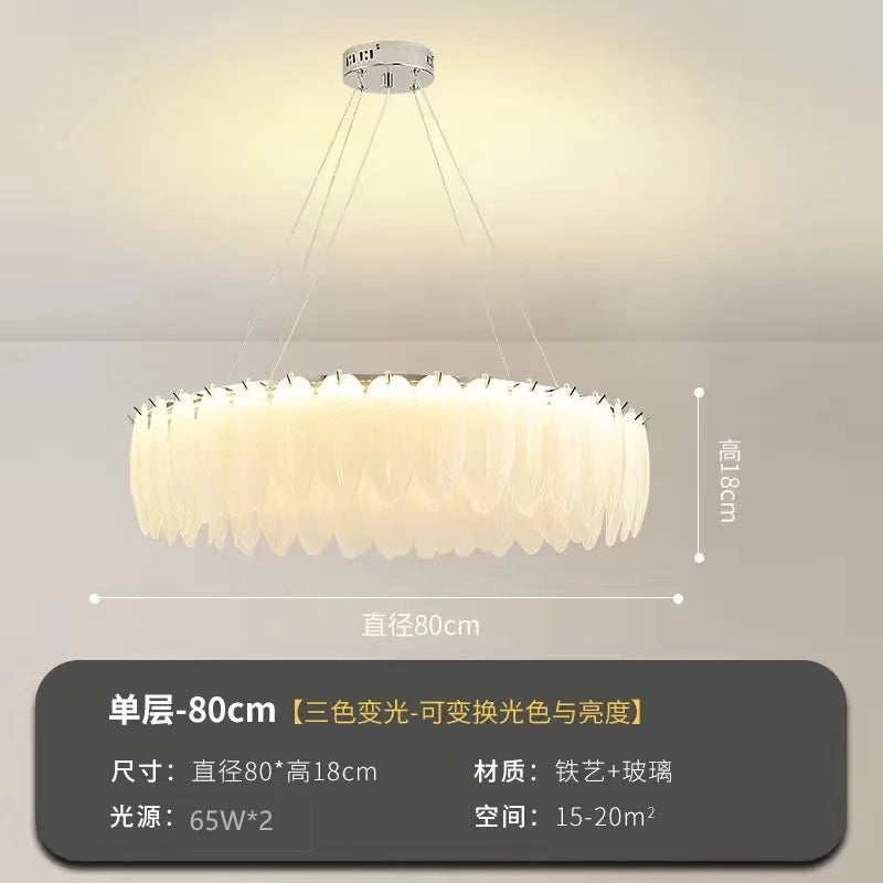 Modern Luxury Feather Glass Chandelier – Gold Round Decorative Lighting for Living Room, Bedroom & Dining Area