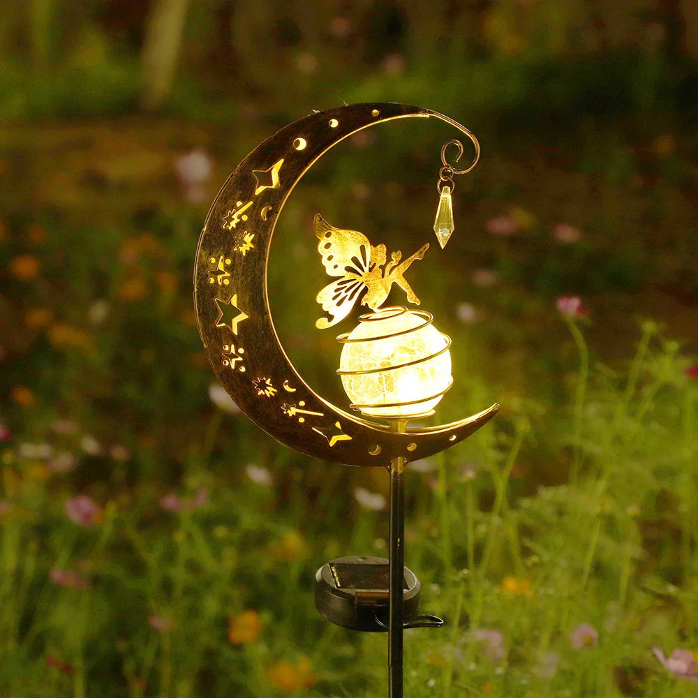 Solar Light Moon Fairy Lamp – Crackle Glass Globe with Angel Figure, Outdoor Garden Pathway Stake Light