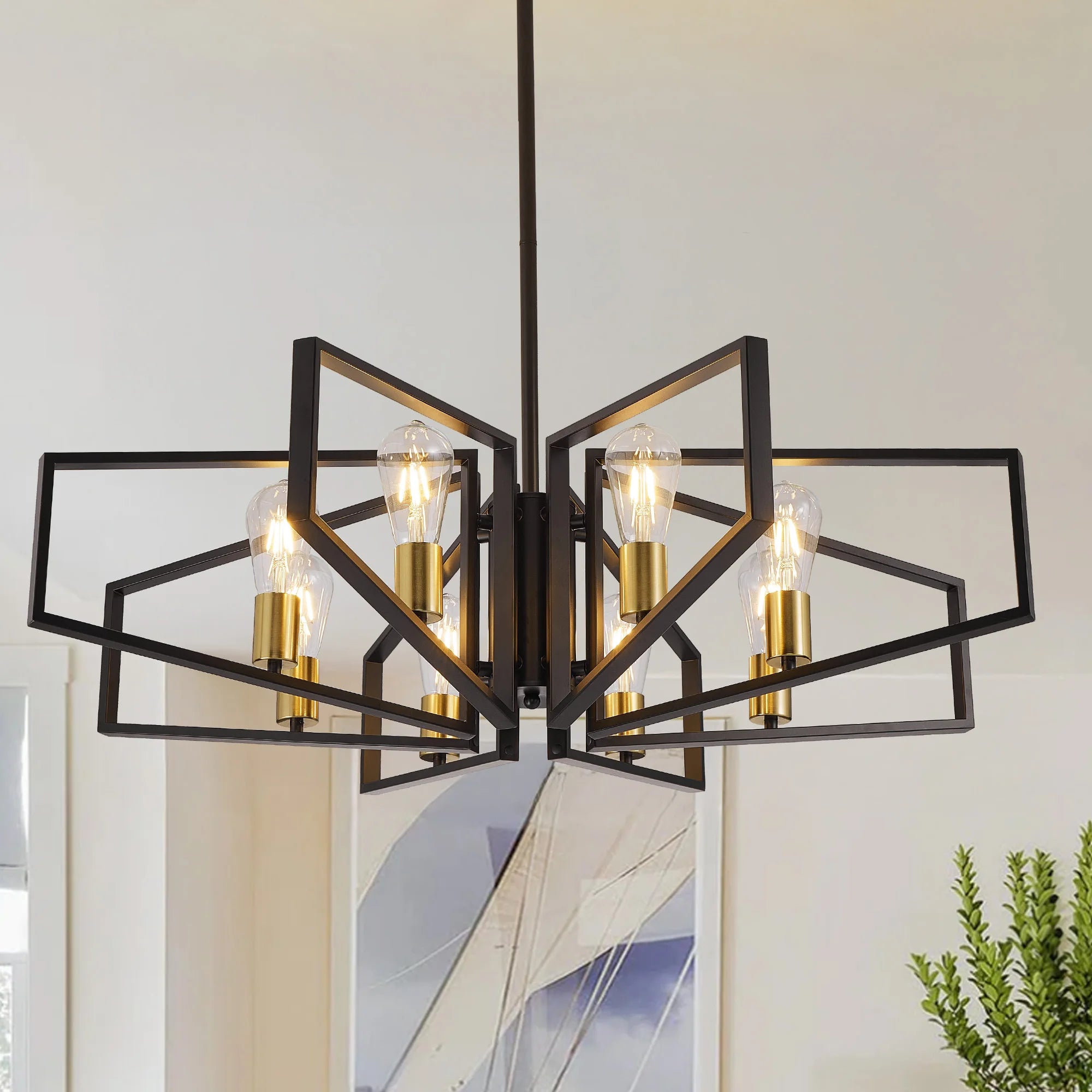 Modern 8-Light Geometric Chandelier – Adjustable Height Metal Pendant Light, Black Frame, Golden Accents