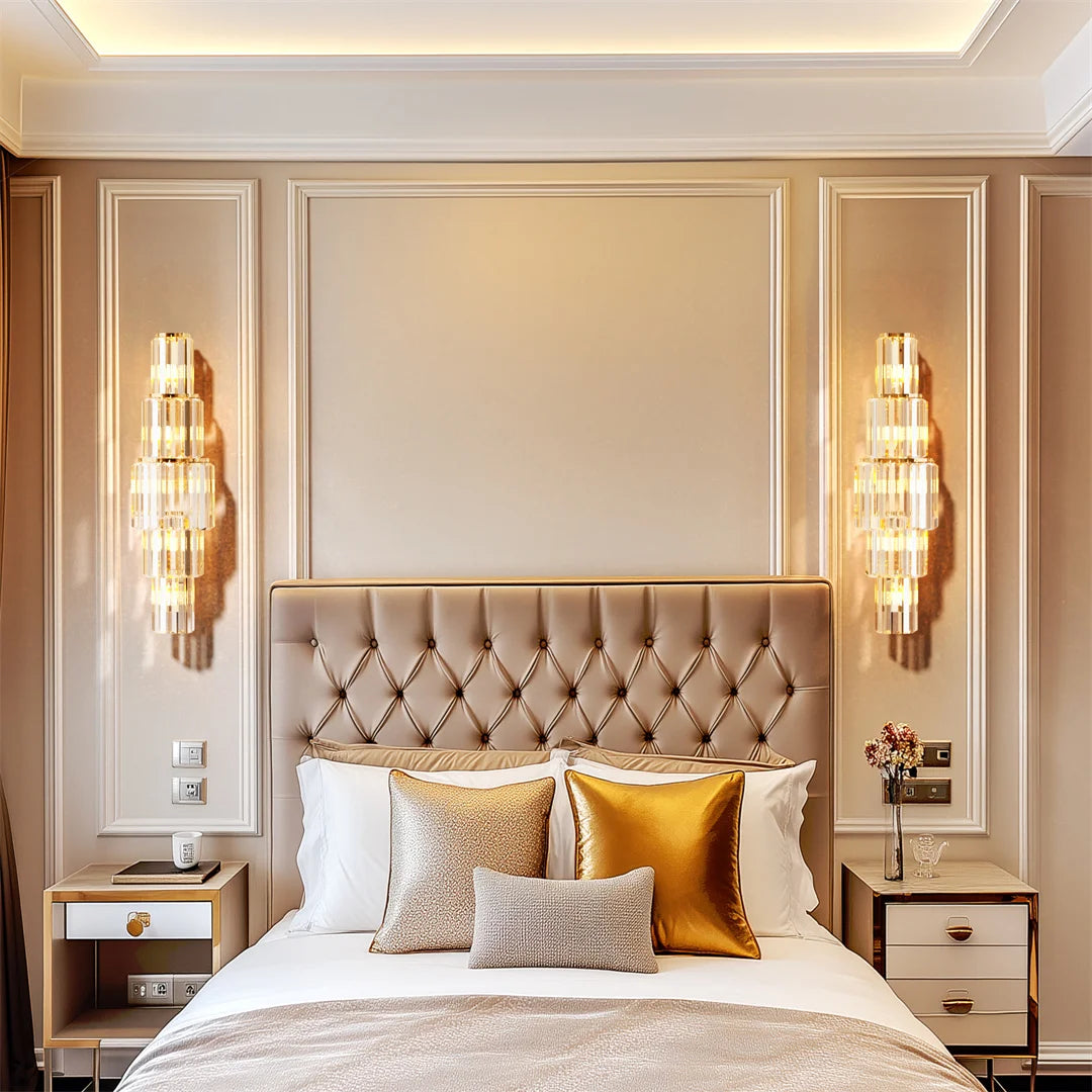 Modern Crystal Layered Wall Sconce – Luxury Gold LED Decorative Light with Multi-Tier Crystal Design for Living Rooms and Hallways