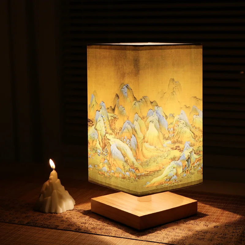 Vintage Chinese Style Wooden Table Lamp – Retro Landscape Painting Desk Light for Bedroom and Artistic Room Decoration