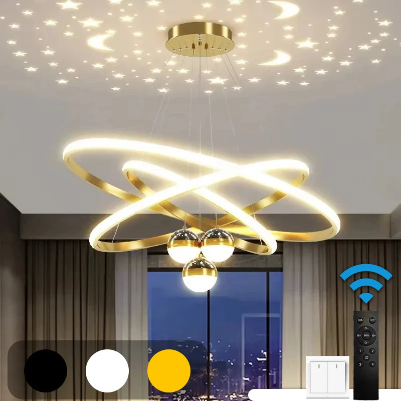 Nordic Starry Sky Projection LED Chandelier – Modern Black & Gold Ceiling Pendant for Living Room, Bedroom, Kitchen