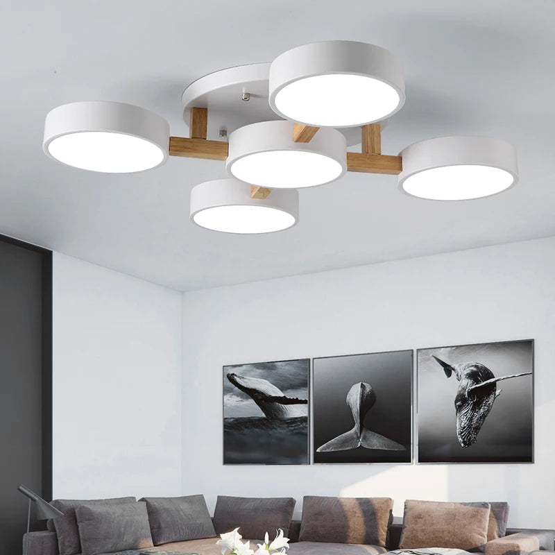 Nordic Style Personalized Macaron LED Chandelier – Modern Minimalist Wood & Aluminum Ceiling Light for Bedroom and Living Room