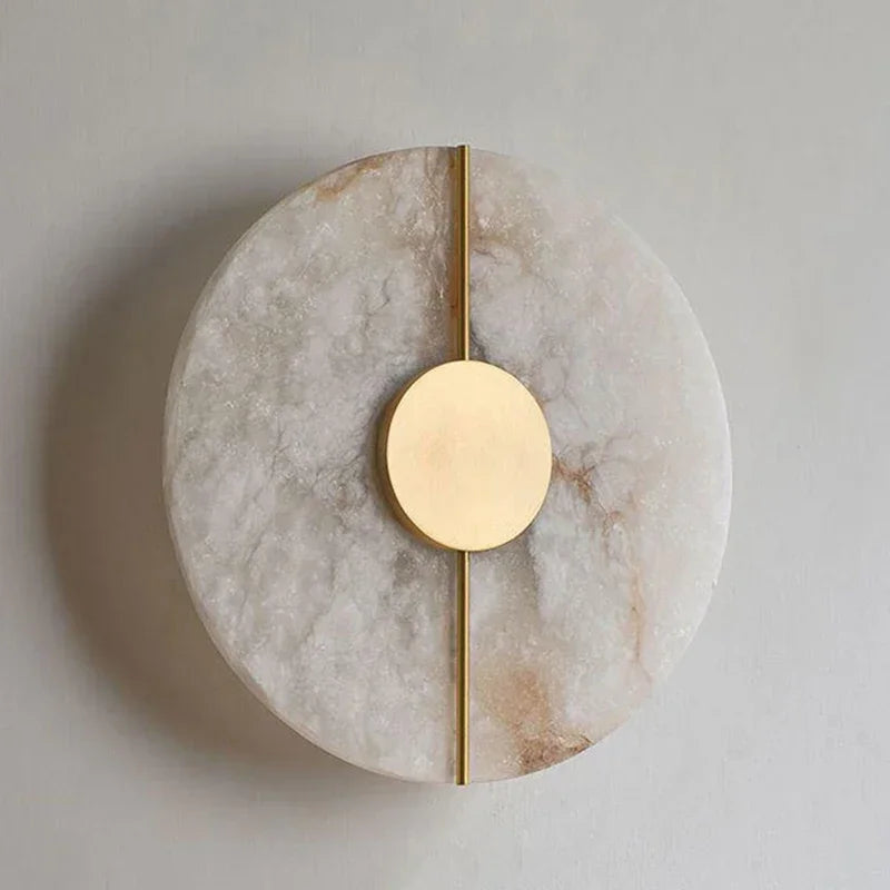 Modern Alabaster Moon LED Wall Lamp – Creative Marble Round Sconce with Gold Copper Accent for Bedroom and Living Room Décor