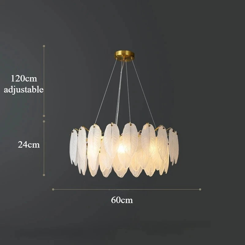 Modern Luxury Feather Glass Chandelier – Gold Round Decorative Lighting for Living Room, Bedroom & Dining Area