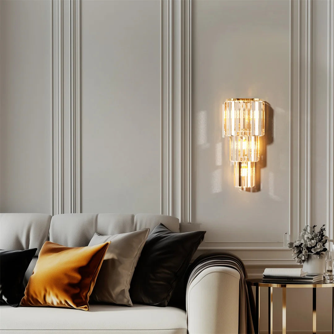Modern Crystal Layered Wall Sconce – Luxury Gold LED Decorative Light with Multi-Tier Crystal Design for Living Rooms and Hallways