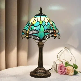Stained Glass Tiffany Style Table Lamp – Antique Green Reading Light for Bedroom, Living Room, and Office Decor