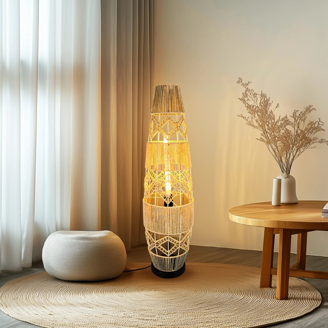 Boho Rattan Hand-Woven Floor Lamp – LED Light Bar Corner Reading Lamp for Living Room and Bedroom