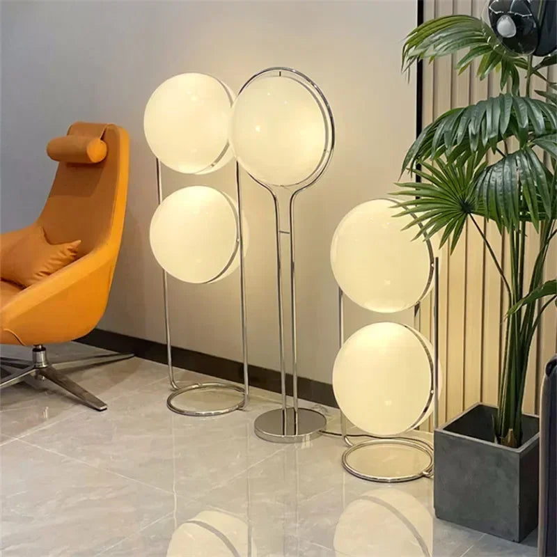 Garrault Delord Chrome Metal Floor Lamp – White Acrylic Ball Light for Living Room, Hotel, and Sofa Decoration
