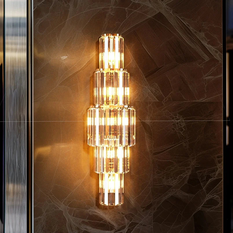 Modern Crystal Layered Wall Sconce – Luxury Gold LED Decorative Light with Multi-Tier Crystal Design for Living Rooms and Hallways